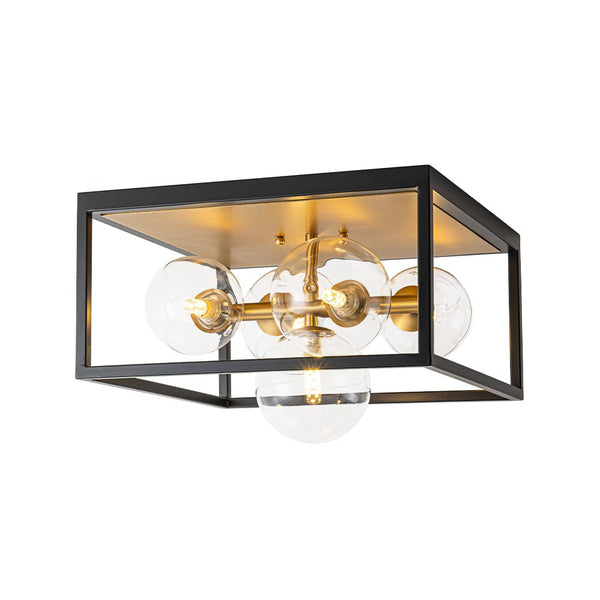 Chandelierias - Modern 5 - Light Clear Glass Square Frame Flush Mount - Chandeliers - Black & Gold -