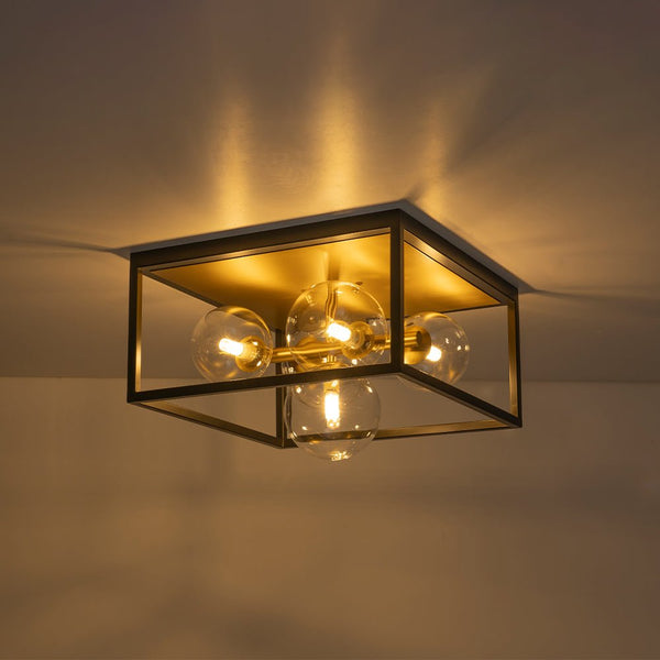 Chandelierias - Modern 5 - Light Clear Glass Square Frame Flush Mount - Chandeliers - Black & Gold -
