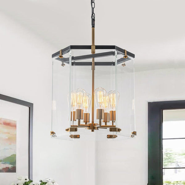 Chandelierias - Modern 6 - Light Hexagon Clear Glass Pendant Chandelier - Pendant - Brass and Black -
