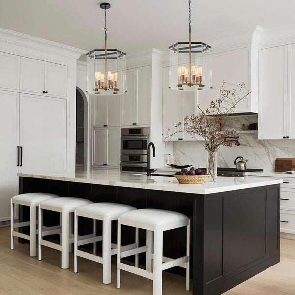 Chandelierias - Modern 6 - Light Hexagon Clear Glass Pendant Chandelier - Pendant - Brass and Black -