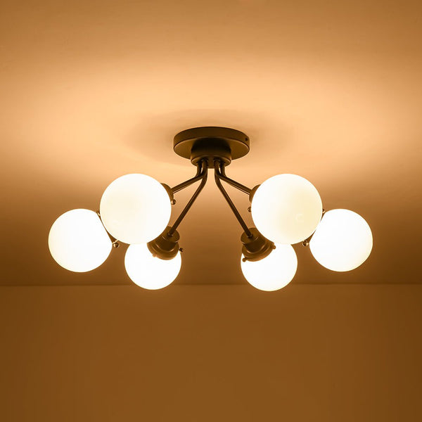 Chandelierias - Modern 6 - Light Milky White Jade - Like Glass Sputnik Semi - Flush Mount - Semi Flush - Starry Black -