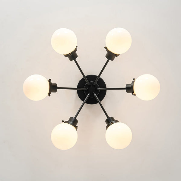 Chandelierias - Modern 6 - Light Milky White Jade - Like Glass Sputnik Semi - Flush Mount - Semi Flush - Starry Black -