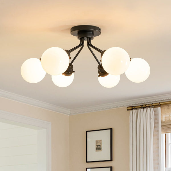 Chandelierias - Modern 6 - Light Milky White Jade - Like Glass Sputnik Semi - Flush Mount - Semi Flush - Starry Black -
