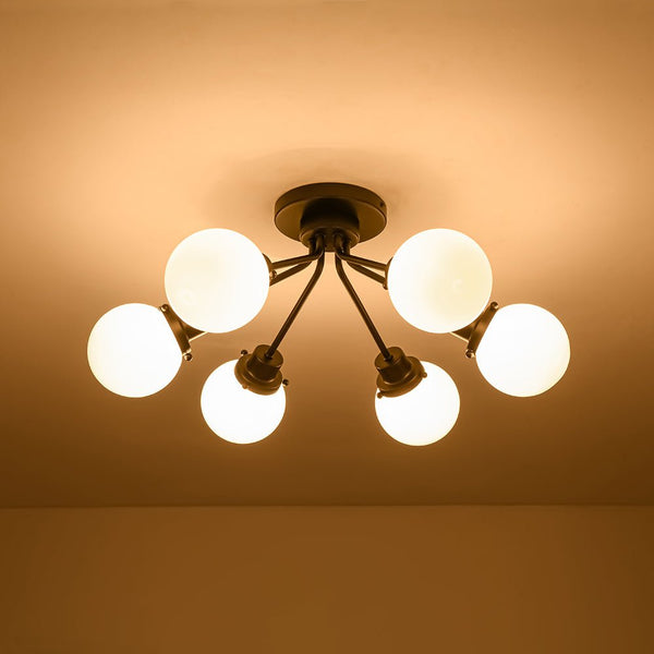 Chandelierias - Modern 6 - Light Milky White Jade - Like Glass Sputnik Semi - Flush Mount - Semi Flush - Starry Black -