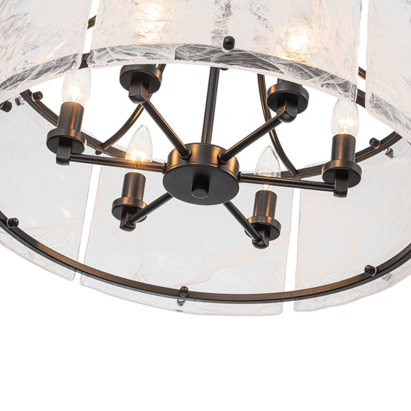Chandelierias-Modern 6-Light White Stire Patterned Glass Drum Pendant-Chandeliers-Black-
