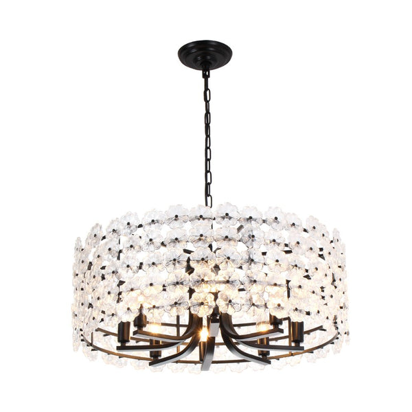 Chandelierias - Modern 8 - Light Dimmable Flower Glass Drum Pendant Chandelier - Pendant - Black -