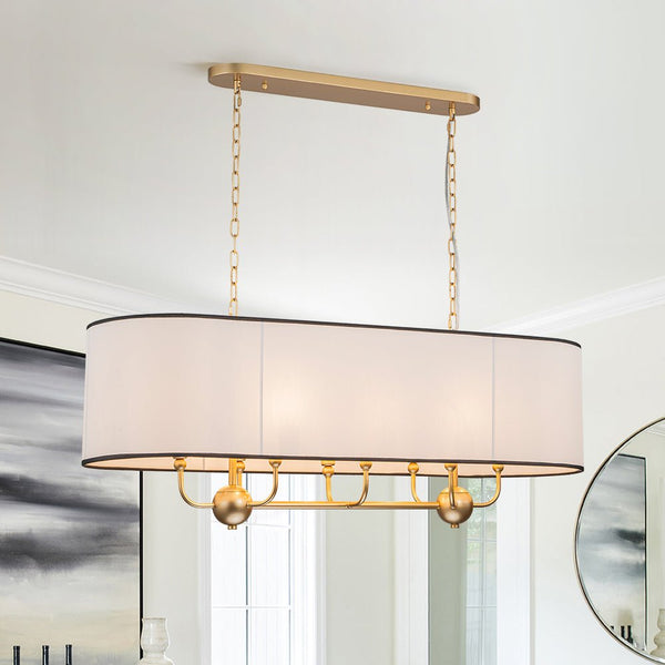 Chandelierias - Modern 8 - Light Fabric Shade Oval Drum Linear Chandelier - Chandelier - Brass -