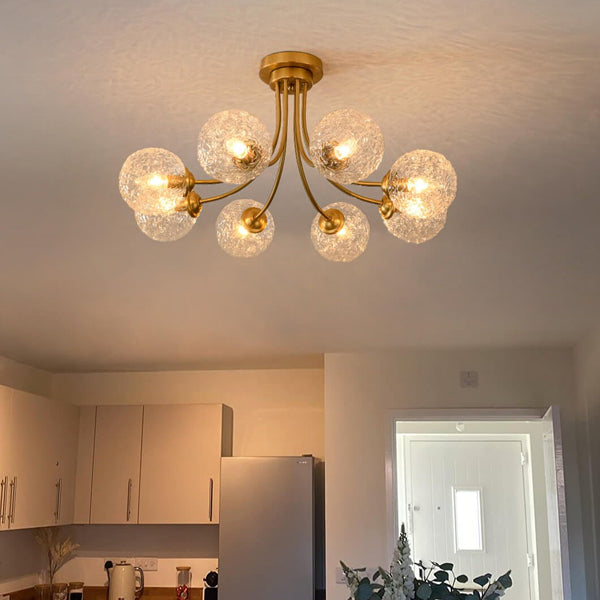 Chandelierias - Modern 8 - Light Water Wrinkled Glass Semi - Flush Mount Chandelier - Semi Flush - Brushed Gold -