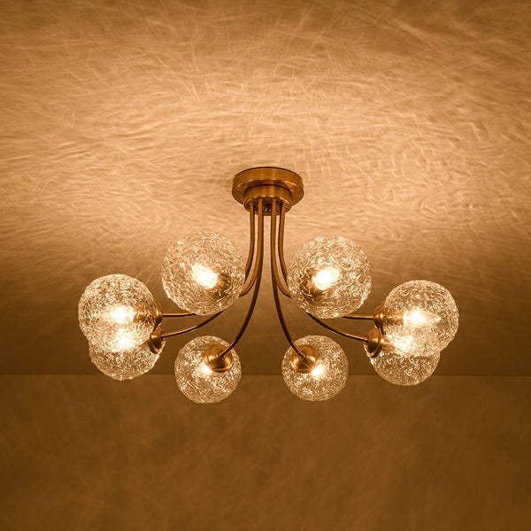 Chandelierias - Modern 8 - Light Water Wrinkled Glass Semi - Flush Mount Chandelier - Semi Flush - Brushed Gold (Back - order & Arrive in 3 - 4 Weeks) -