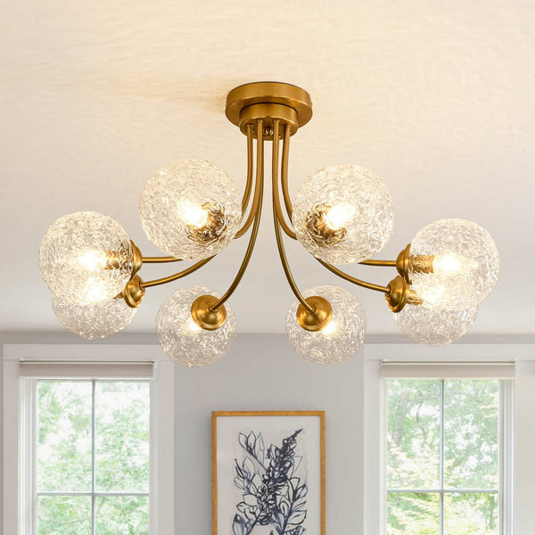 Chandelierias - Modern 8 - Light Water Wrinkled Glass Semi - Flush Mount Chandelier - Semi Flush - Brushed Gold (Back - order & Arrive in 3 - 4 Weeks) -