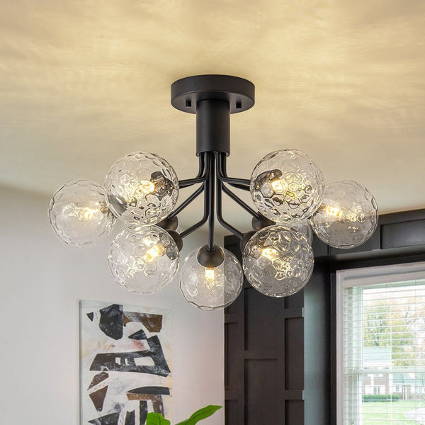 Chandelierias - Modern 9 - Light Hammered Glass Sputnik Semi - Flush Mount - Semi Flush - Black -