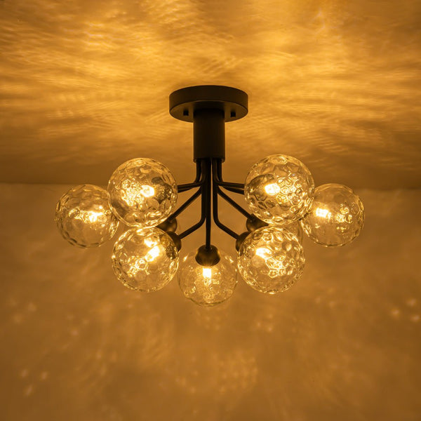 Chandelierias - Modern 9 - Light Hammered Glass Sputnik Semi - Flush Mount - Semi Flush - Black (Back - order) -