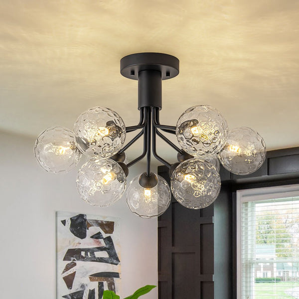 Chandelierias - Modern 9 - Light Hammered Glass Sputnik Semi - Flush Mount - Semi Flush - Black (Back - order) -