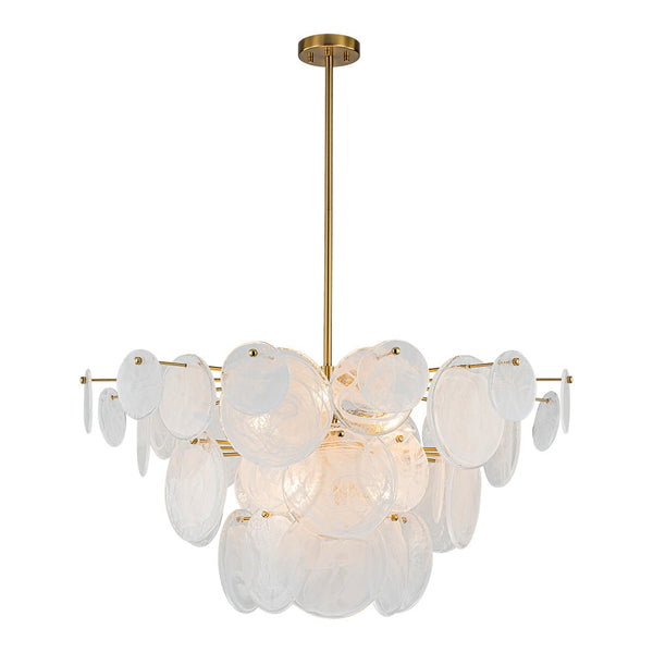 Chandelierias - Modern 9 - Light White Strie Glass Tiered Chandelier - Chandeliers - Brass -