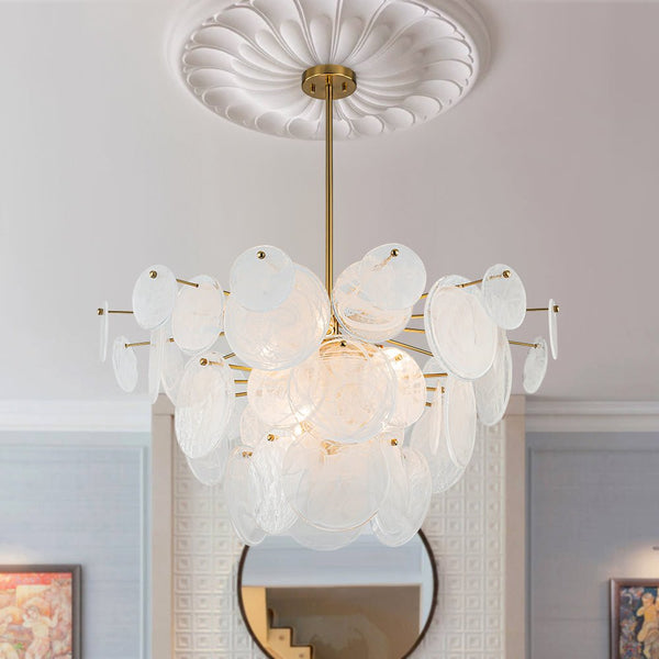 Chandelierias - Modern 9 - Light White Strie Glass Tiered Chandelier - Chandeliers - Brass -