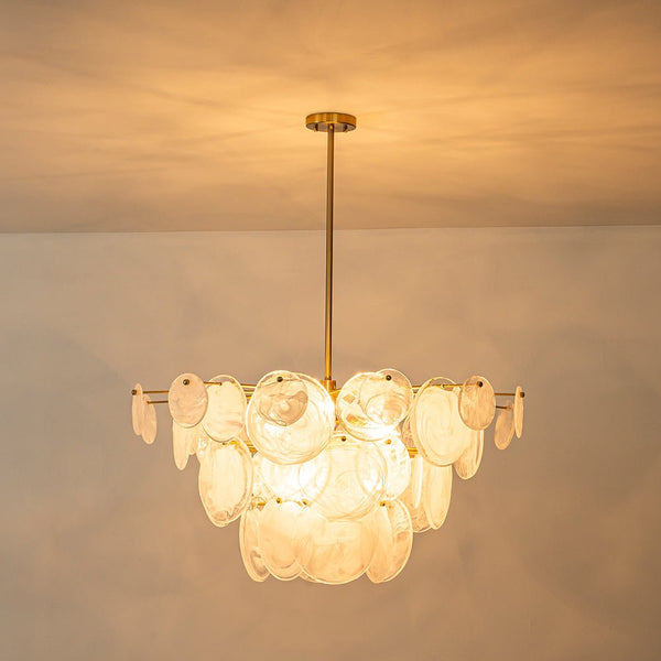 Chandelierias - Modern 9 - Light White Strie Glass Tiered Chandelier - Chandeliers - Brass -