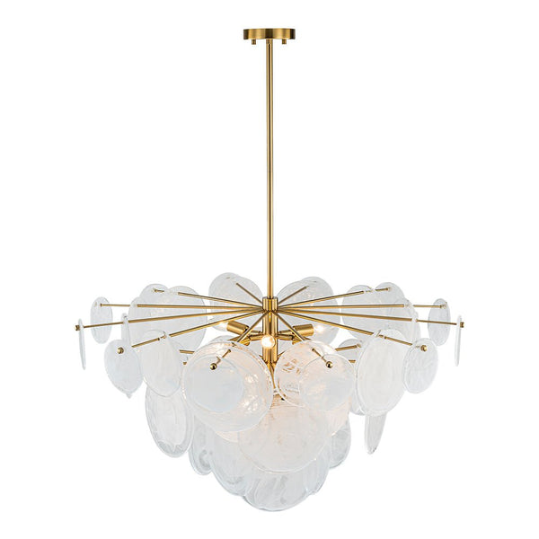Chandelierias - Modern 9 - Light White Strie Glass Tiered Chandelier - Chandeliers - Brass -