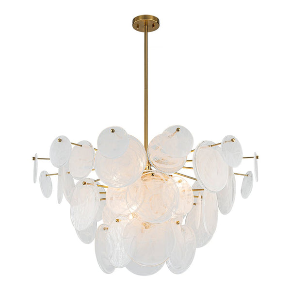 Chandelierias - Modern 9 - Light White Strie Glass Tiered Chandelier - Chandeliers - Brass -