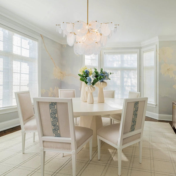 Chandelierias - Modern 9 - Light White Strie Glass Tiered Chandelier - Chandeliers - Brass -