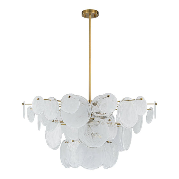 Chandelierias - Modern 9 - Light White Strie Glass Tiered Chandelier - Chandeliers - Brass -