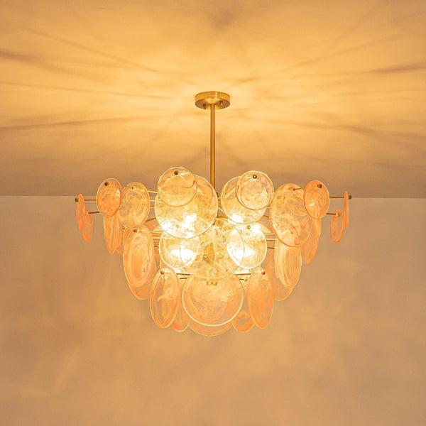 Chandelierias - Modern 9 - Light White Strie Glass Tiered Chandelier - Chandeliers - Brass - Sunset Clouds
