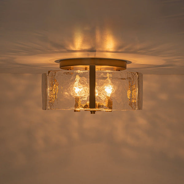 Chandelierias - Modern Brass 3 - Light Rippled Glass Drum Semi - flush Mount - Semi Flush - Brass -