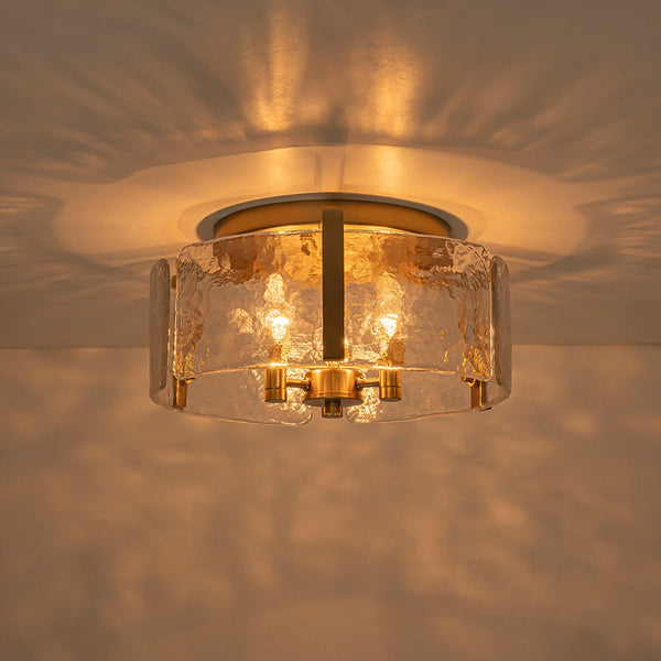 Chandelierias - Modern Brass 3 - Light Rippled Glass Drum Semi - flush Mount - Semi Flush - Brass -