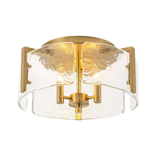 Chandelierias - Modern Brass 3 - Light Rippled Glass Drum Semi - flush Mount - Semi Flush - Brass -