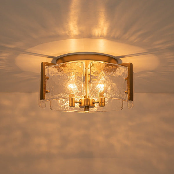 Chandelierias - Modern Brass 3 - Light Rippled Glass Drum Semi - flush Mount - Semi Flush - Brass -