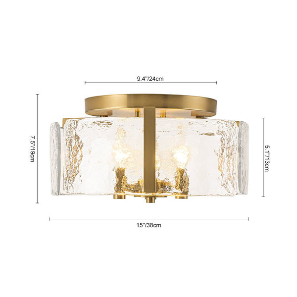 Chandelierias - Modern Brass 3 - Light Rippled Glass Drum Semi - flush Mount - Semi Flush - Brass -