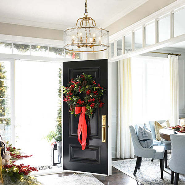 Chandelierias - Modern Brass 6 - Light Rippled Glass Drum Pendant - Pendant - 6 Bulbs -