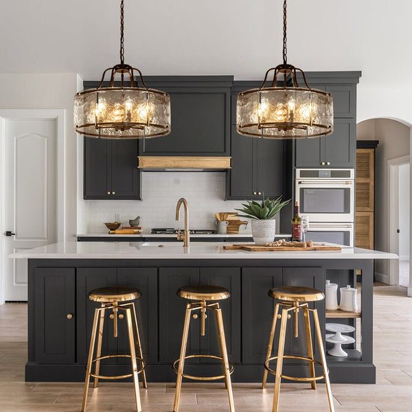 Chandelierias - Modern Brass 6 - Light Rippled Glass Drum Pendant - Pendant - Brass -