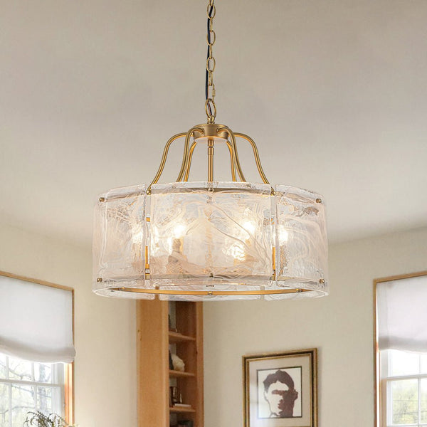 Chandelierias - Modern Brass 6 - Light Rippled Glass Drum Pendant - Pendant - Brass & Stire Glass -