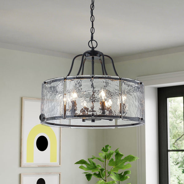 Chandelierias - Modern Brass 6 - Light Rippled Glass Drum Pendant - Pendant - Matte Black -