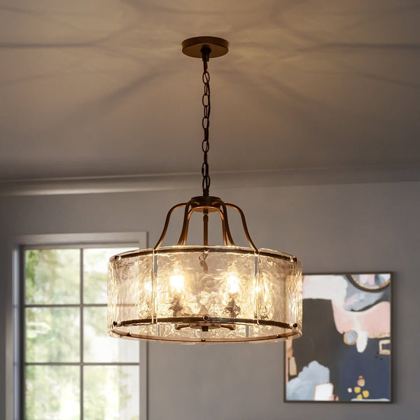 Chandelierias - Modern Brass 6 - Light Rippled Glass Drum Pendant - Pendant - Oil - rubbed Bronze -