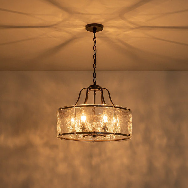 Chandelierias - Modern Brass 6 - Light Rippled Glass Drum Pendant - Pendant - Oil - rubbed Bronze -
