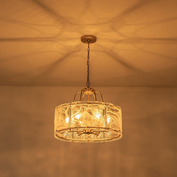 Chandelierias - Modern Brass 6 - Light Rippled Glass Drum Pendant - Pendant - Oil - rubbed Bronze & Clear Glass -