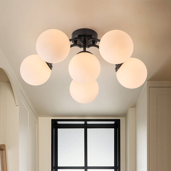 Chandelierias - Modern Brass Matte Glass Globe Sputnik Semi - Flush Mount - Semi Flush - Black - 6 Bulbs