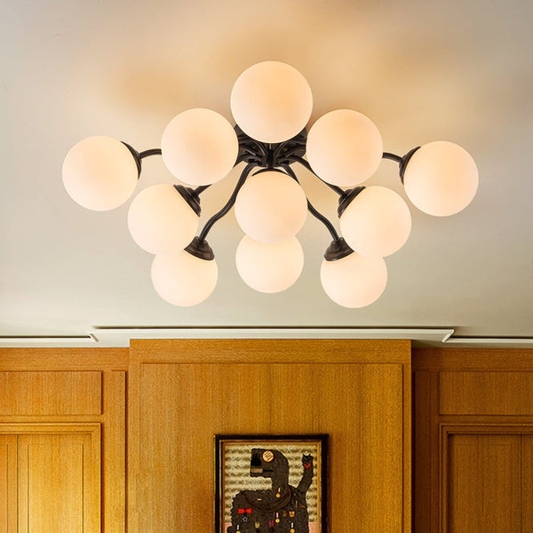 Chandelierias - Modern Brass Matte Glass Globe Sputnik Semi - Flush Mount - Semi Flush - Brass - 11 Bulbs