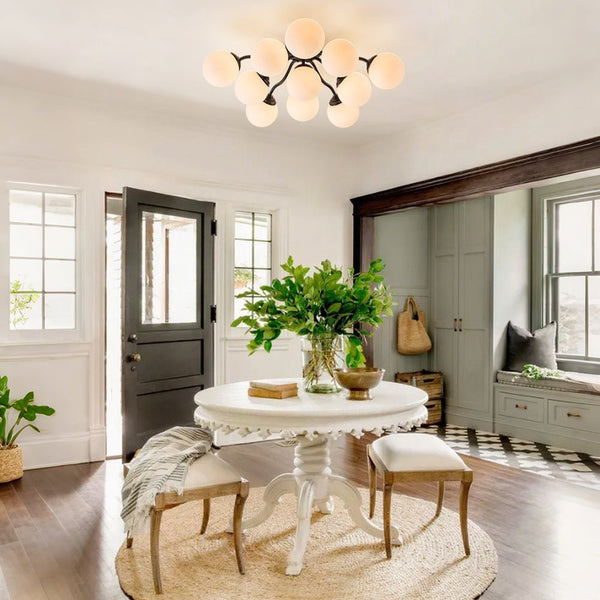 Chandelierias - Modern Brass Matte Glass Globe Sputnik Semi - Flush Mount - Semi Flush - Brass - 11 Bulbs