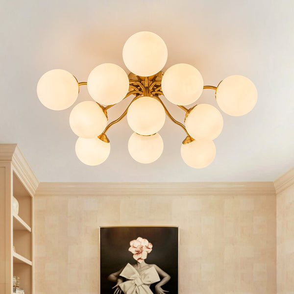 Chandelierias - Modern Brass Matte Glass Globe Sputnik Semi - Flush Mount - Semi Flush - Brass -