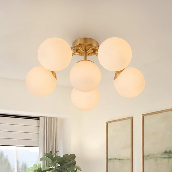 Chandelierias - Modern Brass Matte Glass Globe Sputnik Semi - Flush Mount - Semi Flush - Brass - 6 Bulbs (Back - order & Arrive in 3 - 4 Weeks)