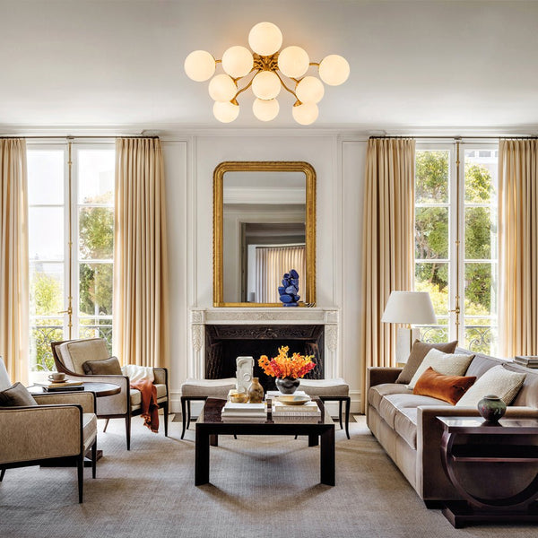 Chandelierias - Modern Brass Matte Glass Globe Sputnik Semi - Flush Mount - Semi Flush - Brass -