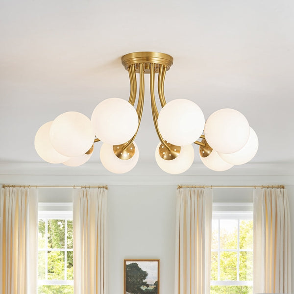 Chandelierias-Modern Dreamy Bouquet Frosted Glass Globe Semi-Flush Mount-Semi Flush-Brass-10-Light