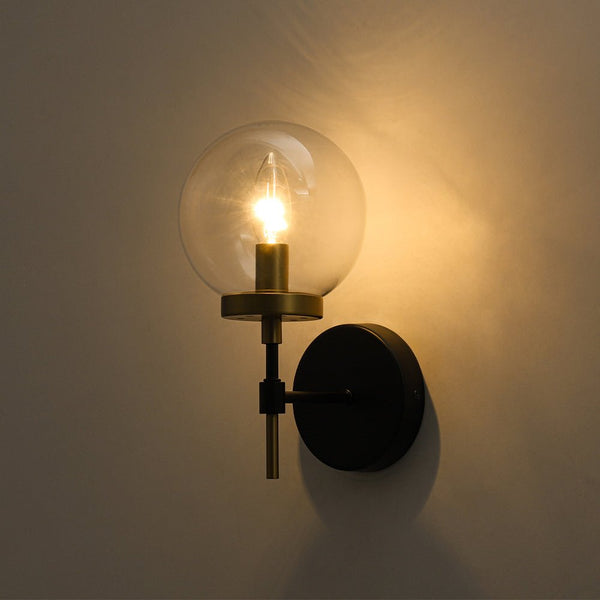 Chandelierias - Modern Farmhouse 1 - Light Clear Glass Globe Armed Wall Sconce - Wall Light - Brass & Black -