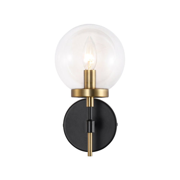 Chandelierias - Modern Farmhouse 1 - Light Clear Glass Globe Armed Wall Sconce - Wall Light - Brass & Black -