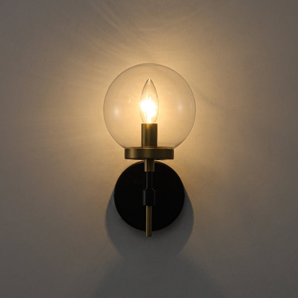 Chandelierias - Modern Farmhouse 1 - Light Clear Glass Globe Armed Wall Sconce - Wall Light - Brass & Black -