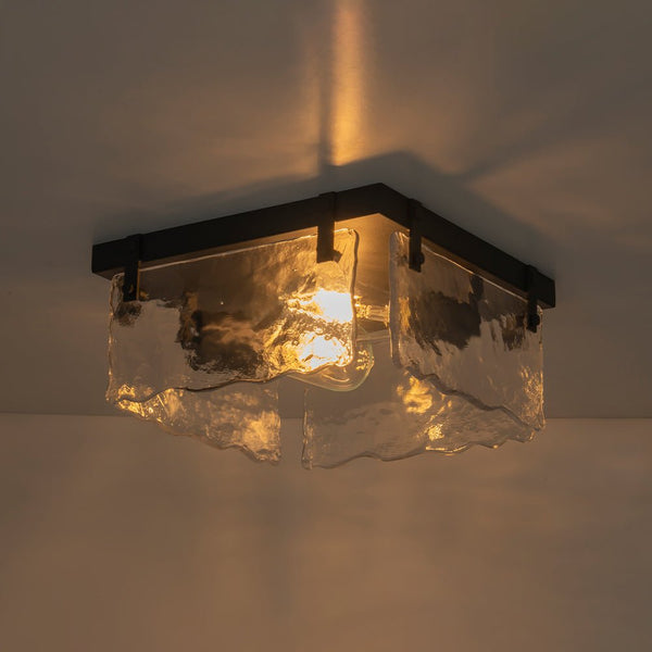 Chandelierias - Modern Farmhouse 2 - Light Wavy Water Glass Square Flush Mount - Flush Mount - Matte Black -
