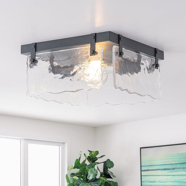 Chandelierias - Modern Farmhouse 2 - Light Wavy Water Glass Square Flush Mount - Flush Mount - Matte Black -
