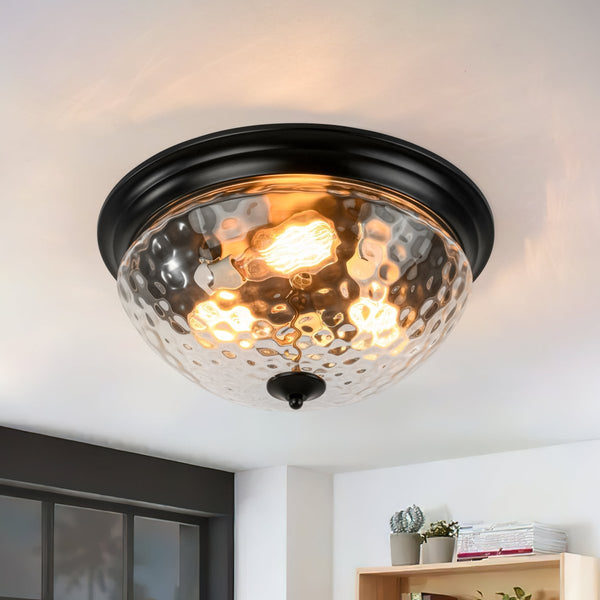 Chandelierias - Modern Farmhouse 3 - Light Hammered Glass Mushroom Flush Mount - Flush Mount - Black -